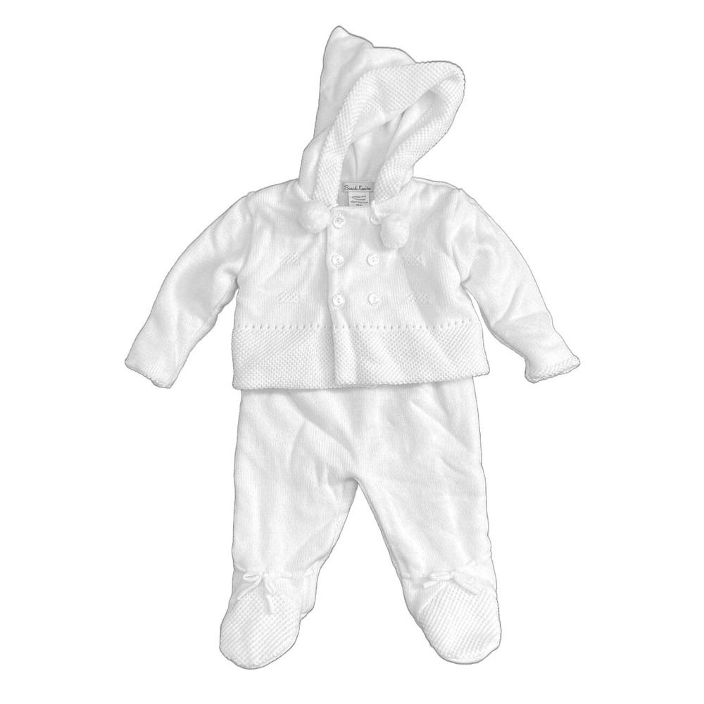 Sarah Louise Knit Sweater Set Cream Hooded Suspenders Footed 6 Months